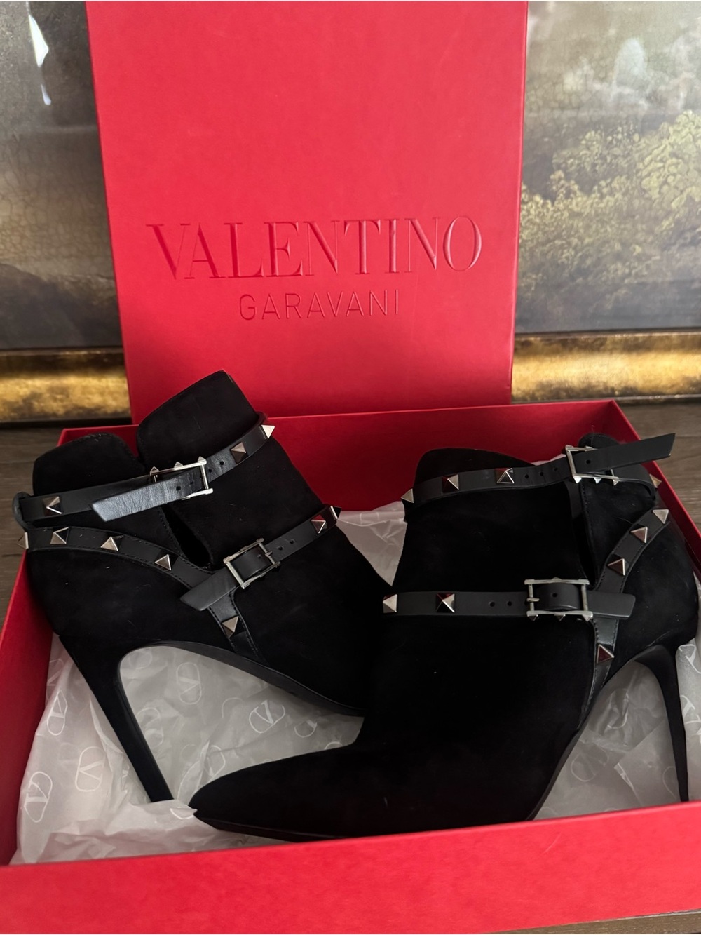 Valentino Garavani Black Suede Rockstud Strap Ankle Booties